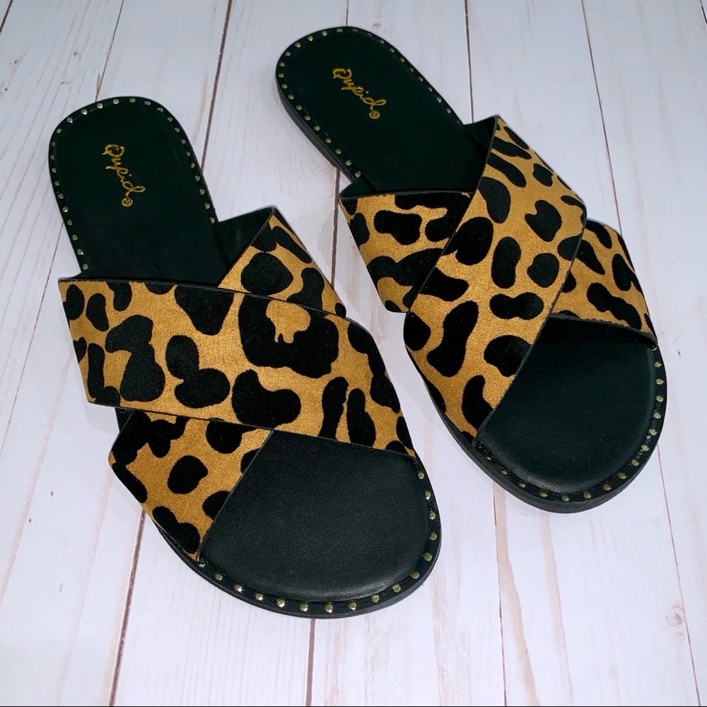Leopard Criss Cross Sandals with Stud Detail